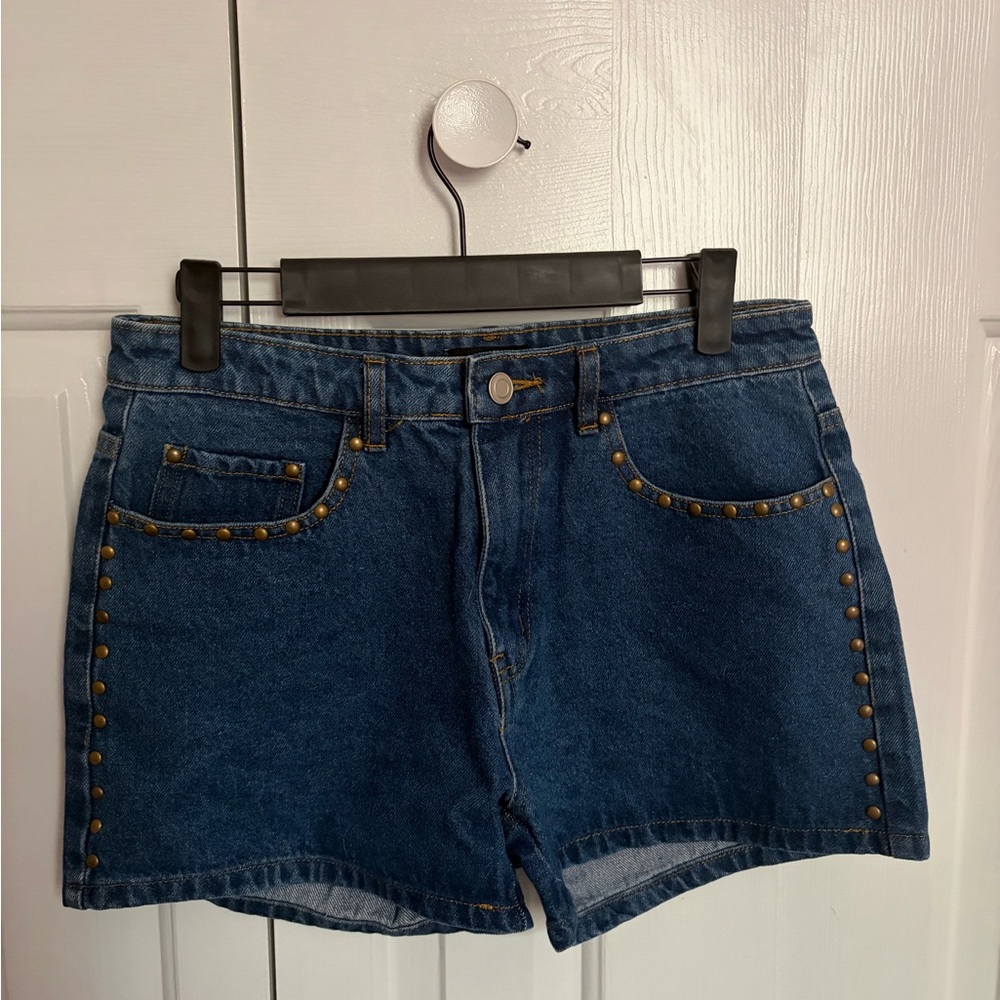 Classic Blue Denim Women's Shorts with Stud Accents